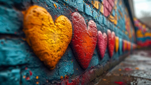 Graffiti colorido con corazones bajos en la pared de un viejo edificio