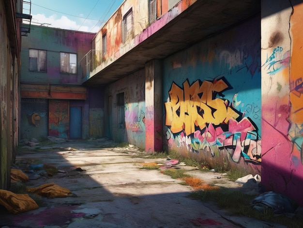 Graffiti colorido pintado en la pared de un viejo edificio