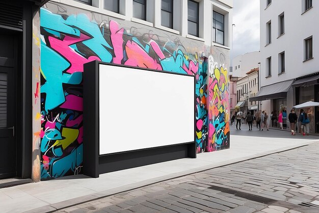 Graffiti digital en una maqueta de feria de la calle tecnológica con espacio blanco en blanco para colocar su diseño