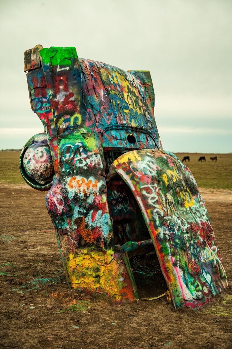 Foto graffiti em estrutura metálica enferrujada em campo contra o céu