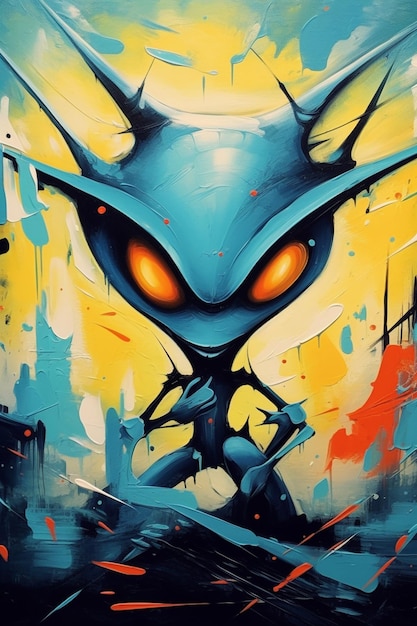 Graffiti-Kunst eines blauen Außerirdischen mit gelben Augen und generativer KI mit Spitzen