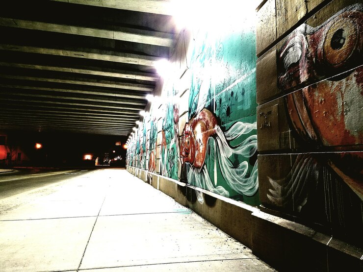 Foto graffiti na parede em um túnel iluminado