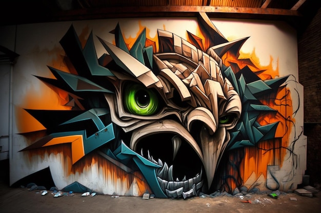 Graffiti que tem um rosto com olhos verdes e olhos verdes.