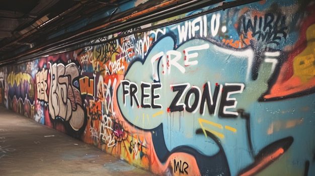 Graffiti-Wandhintergrund mit Textnachricht FREE ZONE und Farbspritzen