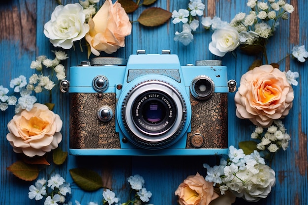 Gráfica floral vibrante que captura la belleza de la naturaleza con una cámara en un fondo de madera azul