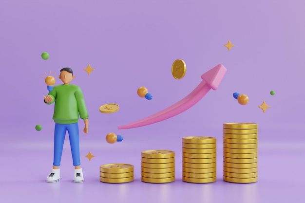 Gráfico 3D Flecha arriba en pilas de monedas. Concepto de crecimiento y éxito financiero. Monedas de oro dinero, Negocios