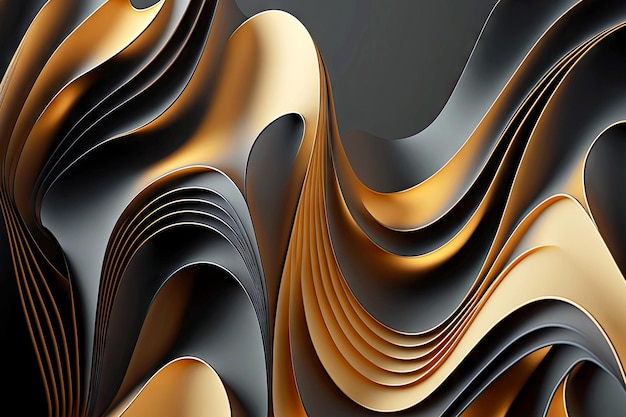 Gráfico 3d renderizar fondo geométrico abstracto en forma de ondas sinuosas doradas grises ai generativo