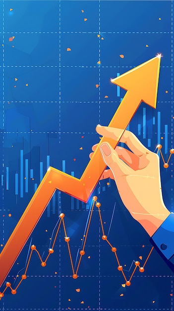Gráfico abstracto del mercado de valores con una flecha que apunta hacia arriba sostenida por una mano sobre un fondo azul ilustración vectorial detallada y de alta calidad para carteles de negocios