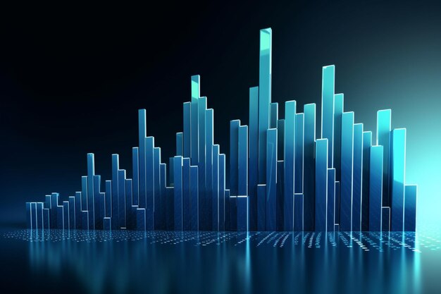 Gráfico de acciones 3D con tendencia alcista sobre fondo azul