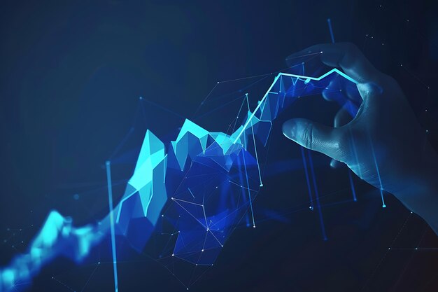 Gráfico de acciones azul poligonal tendencia ascendente línea de retención de la mano telón de fondo sombrío formas geométricas nítidas claridad HD