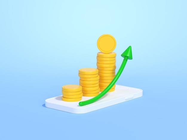 Foto gráfico de acciones de crecimiento 3d con icono de inversión de monedas en el teléfono blanco gráfico de mercado de valores de tendencia alcista 3d render