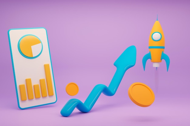 Gráfico de acciones de crecimiento Estadísticas de crecimiento de activos a lo largo del tiempo Ilustración de representación 3d de tendencia positiva