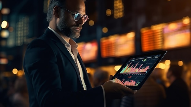 Gráfico de acciones financieras de inversión en tabletas digitales o gráfico de intercambio de marketing de análisis de crecimiento por Ai