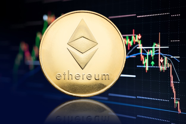 Gráfico de acciones y monedas de Ethereum con caída de precios. Criptomoneda