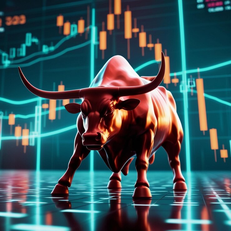 Gráfico de acciones de neón del mercado toro con vibraciones 3D de toro y criptomonedas IA generativa