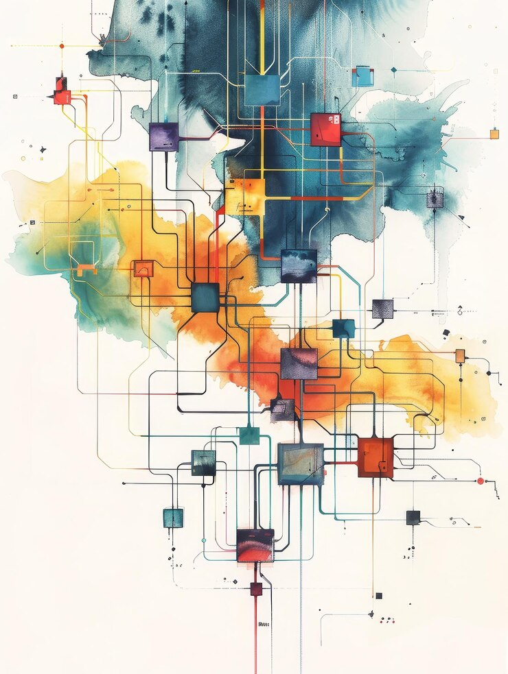 Foto gráfico de acuarela dinámico y vibrante que representa un diagrama de arquitectura de información abstracta