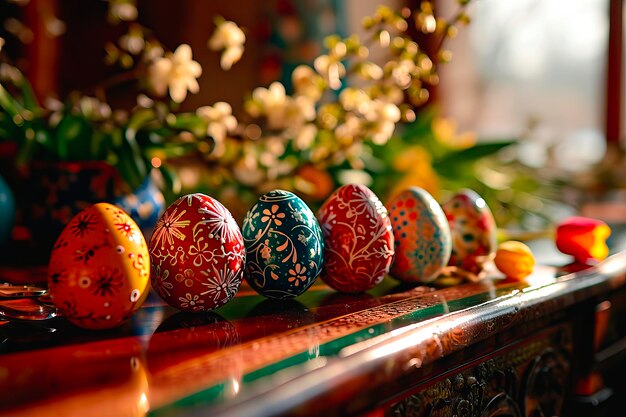 Un gráfico alegre de Pascua con huevos de Pascua pintados a mano en patrones