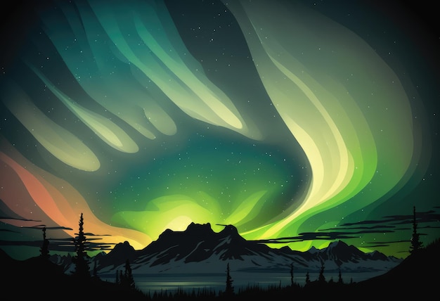 Un gráfico de una aurora boreal con montañas al fondo