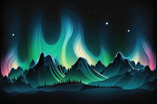 Un gráfico de una aurora boreal con montañas y árboles en el fondo.