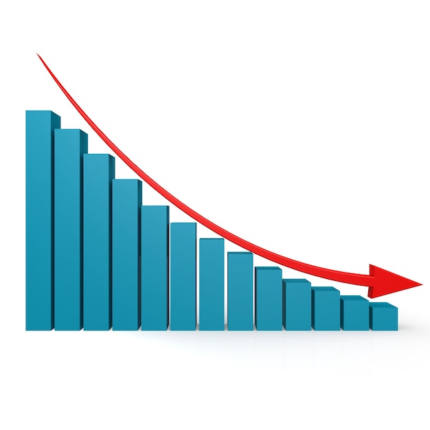 Gráfico azul e seta vermelha para baixo