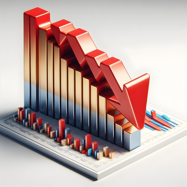 Gráfico de barras 3D hacia abajo tendencia flecha roja con fondo blanco y estilo aislado