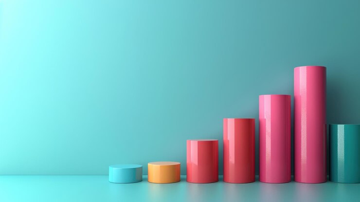 Gráfico de barras 3D colorido contra un fondo azul que representa el crecimiento financiero y los datos