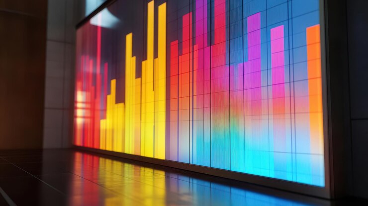 Foto gráfico de barras abstracto en colores brillantes que indica la progresión del desarrollo del negocio en una pantalla digital