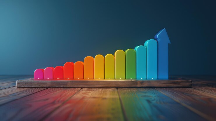 Gráfico de barras de arco iris en base de madera que simboliza el crecimiento financiero y las métricas de éxito