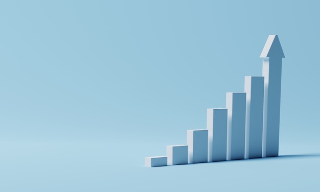 Gráfico de barras ascendente blanco sobre fondo azul con espacio de copia. Concepto de inversión económica y monetaria empresarial. Tema de meta y éxito. Representación 3D.