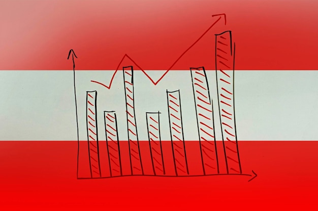 Gráfico de barras de Austria con subidas y bajadas Bandera del país de Austria con gráficos de barras que aumentan los valores