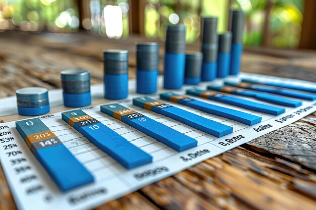 Gráfico de barras azules en una mesa de madera