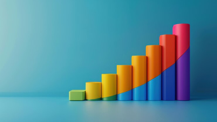 Gráfico de barras colorido sobre fondo azul que representa el crecimiento financiero y el éxito empresarial