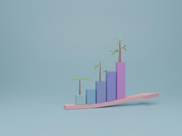 Gráfico de barras creciente con árboles para el proceso de éxito en el paso 3d render ilustración