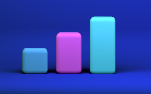 Gráfico de barras de crecimiento 3D sobre fondo azul aislado Gráfico de estadísticas comerciales de representación de intercambio comercial de inversión de mercado