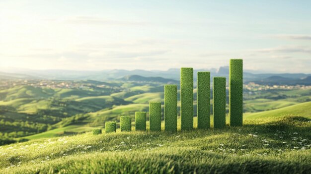 Un gráfico de barras ecotémico hecho de hierba que simboliza el progreso colocado en un paisaje sereno con colinas onduladas bajo un cielo claro y brillante