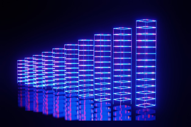 Gráfico de barras futurista de luz de neón del mercado de valores financiero abstracto representación 3d del negocio