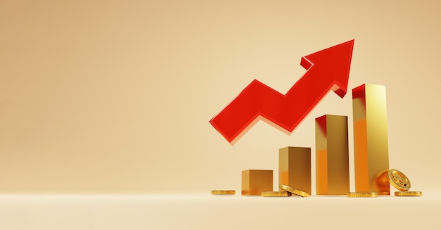 Gráfico de barras de oro con flecha roja creciente y monedas de oro sobre fondo amarillo, concepto de inversión empresarial y crecimiento económico mediante técnica de renderizado 3D.