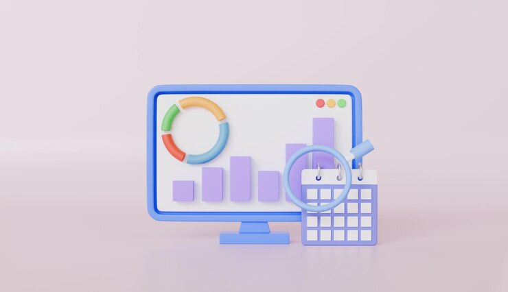 Foto gráfico de barras que crece con lupa en el monitor para el análisis web
