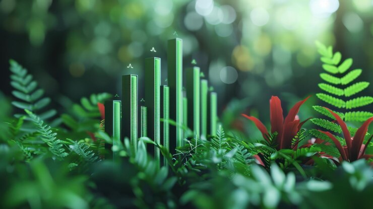 Gráfico de barras verdes que surgen de las plantas que simbolizan el crecimiento financiero ecológico