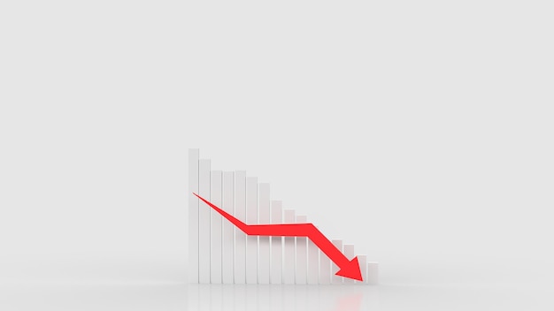 El gráfico blanco y la flecha roja hacia abajo para la representación 3D del concepto empresarial