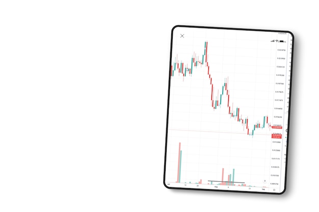 Gráfico de la bolsa financiera en la pantalla de la tableta sobre fondo blanco. Vista superior. Bolsa.