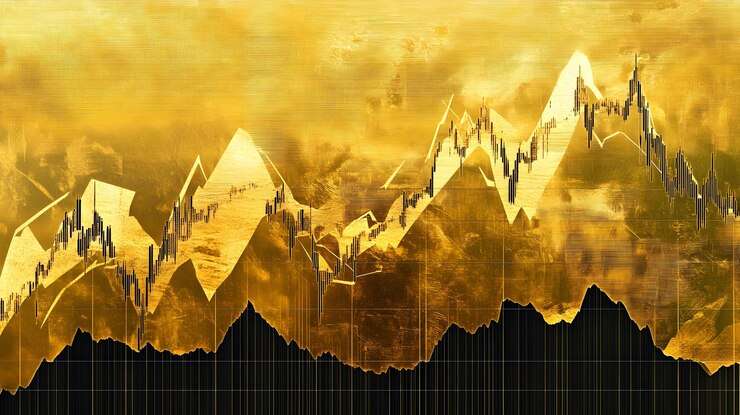 Gráfico de la bolsa de valores en tonos dorados con picos de montañas abstractos