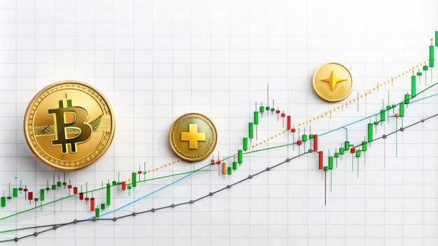 gráfico bullish del mercado de criptomonedas con varias monedas como Bitcoin Ethereum y Ripple integradas en el diseño
