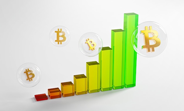 Foto gráfico burbuja de cristal bitcoin up tendencia parabólica representación 3d