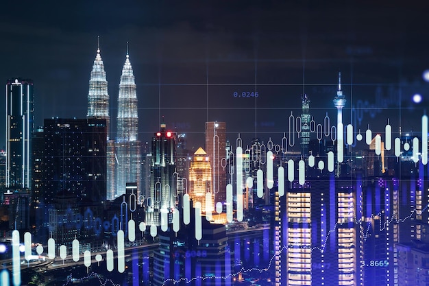 Gráfico bursátil holograma noche panorama vista de la ciudad de Kuala Lumpur KL es un lugar popular para obtener educación financiera en Malasia Asia El concepto de investigación internacional Doble exposición