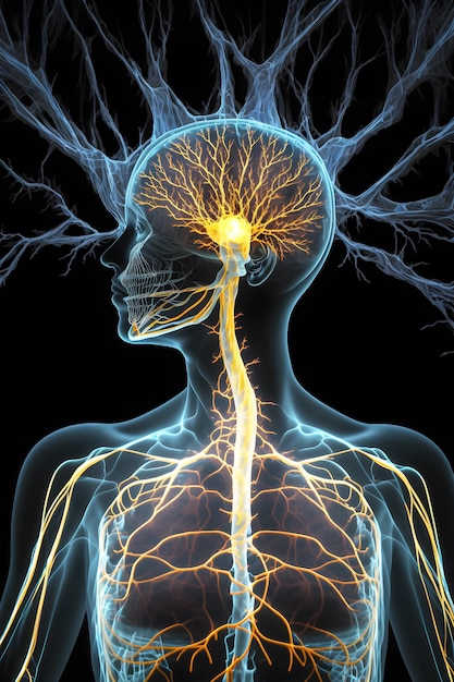 Un gráfico de una cabeza y un cerebro humanos con las palabras cerebro y sistema nervioso.