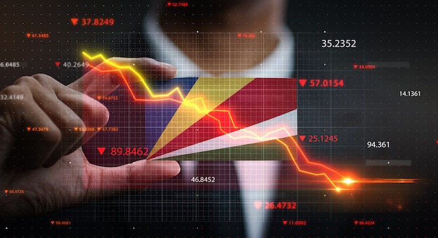 Gráfico caindo na frente da bandeira de Seychelles. Conceito de crise