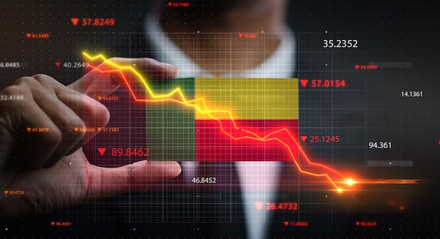 Gráfico caindo na frente da bandeira do benin. conceito de crise