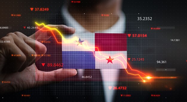 Gráfico caindo na frente da bandeira do panamá. conceito de crise