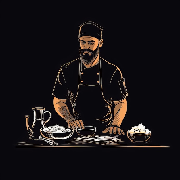 Gráfico de camiseta de chef personal dibujado a mano sobre fondo negro